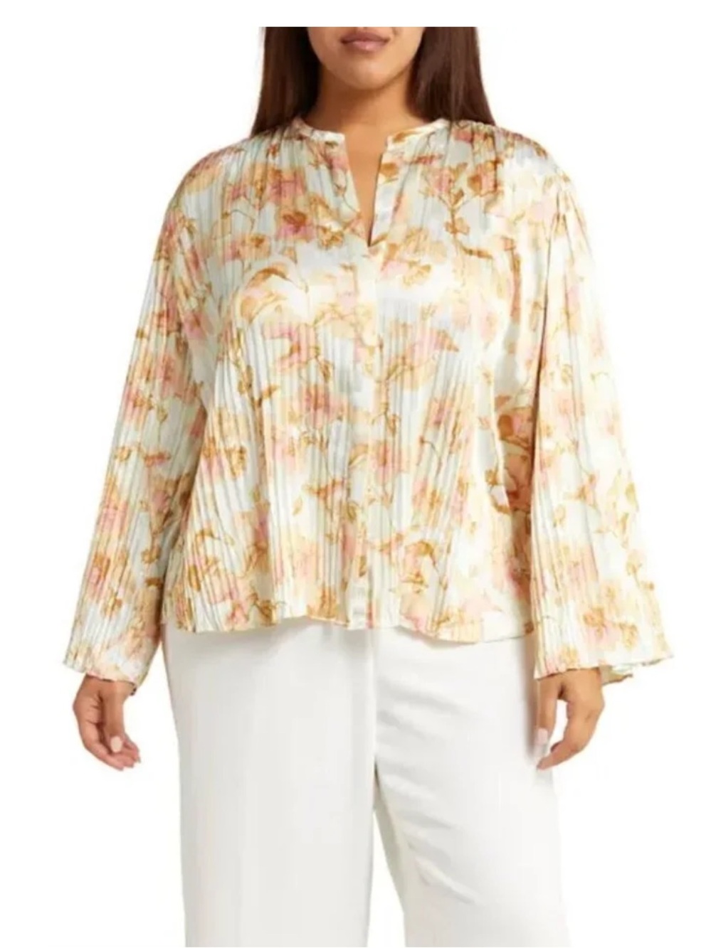 Vince Floral Crushed Pleated Floral Blouse Multi Cream